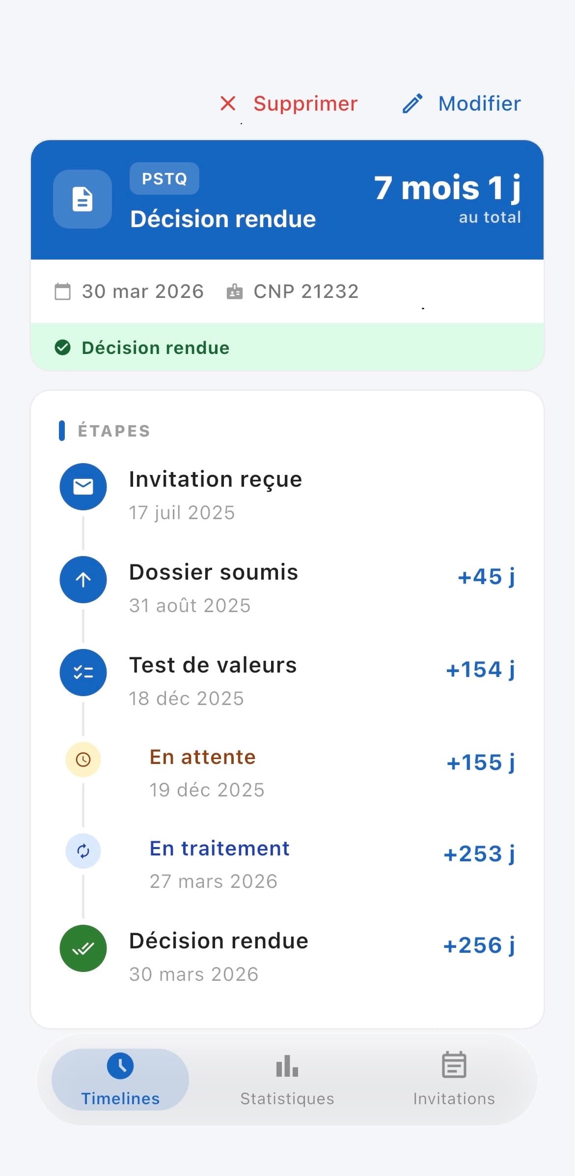 Détail d'une timeline PSTQ dans CSQ Tracker : invitation reçue, dossier soumis, test de valeurs, décision rendue